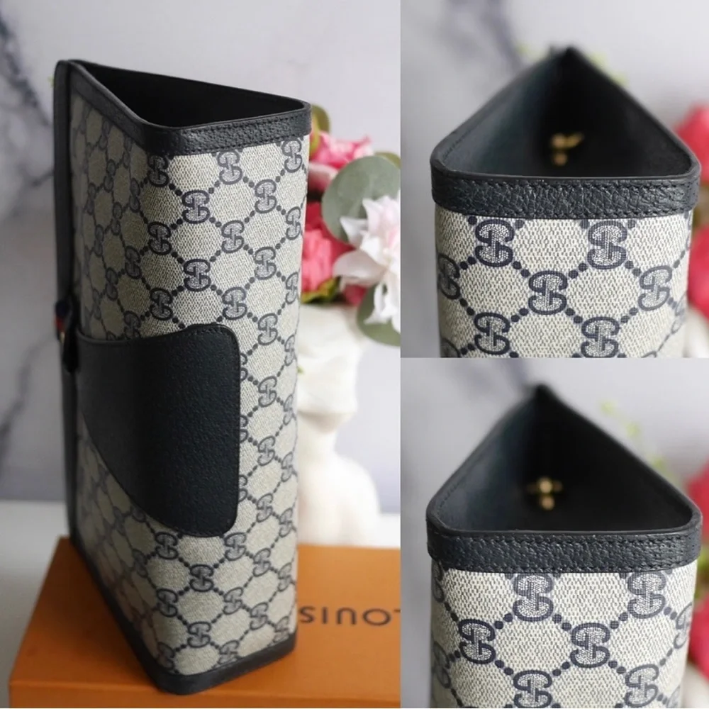 Gucci Beige Navy Monogram Canvas Leather Clutch